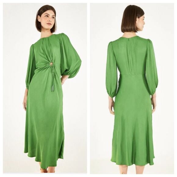 FARM Rio Green Solid Blouson Sleeve Cutout Midi Dress Size Medium - Picture 1 of 13